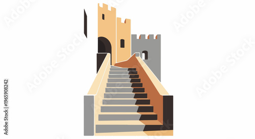 Stylized graphic of a fortress gate with a long stone stairway leading up