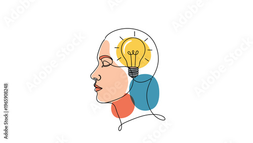 Minimalist line art illustration of a profile head with a bright yellow light bulb inside as a symbol of fresh idea.