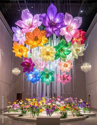 Spectacular Floral Chandelier Installation With Vibrant Flowers Displayed Below.