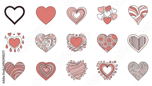 Decorative collection of fifteen pink heart icons with assorted patterns including stripes, swirls, dots, and intricate designs.