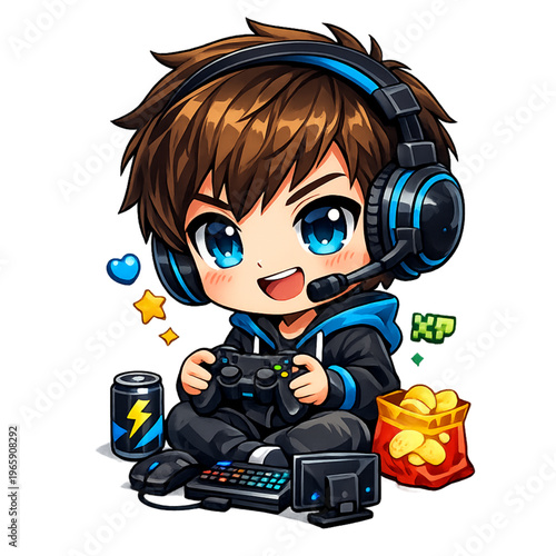 chibi gamer, gamer in action, cute gamer character, kawaii gamer, anime gamer, gaming illustration, cartoon gamer, video game theme, gaming session, snack time gaming, chips and soda, gaming setup, jo