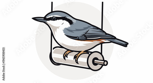 Stylized bird perched on a cylindrical object suspended by wires