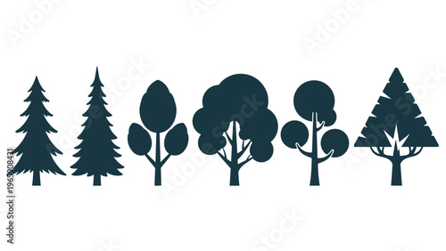 Various silhouettes of different tree species including pine and deciduous varieties arranged in a row for landscape design and nature themes.