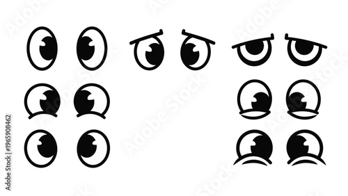 Set of funny cartoon eyes with different emotional expressions ranging from happy and curious to tired and angry isolated on a white background.