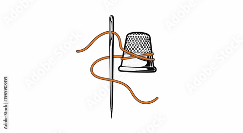 Needle with orange thread and thimble for sewing