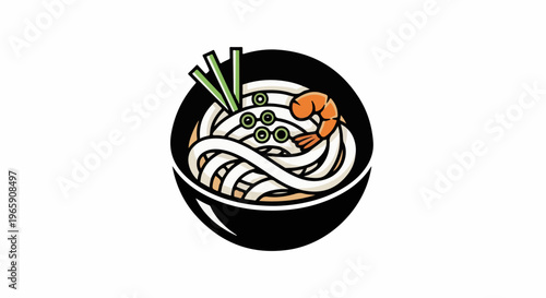 Stylized illustration of a black bowl filled with white noodles, topped with green garnishes and a single shrimp
