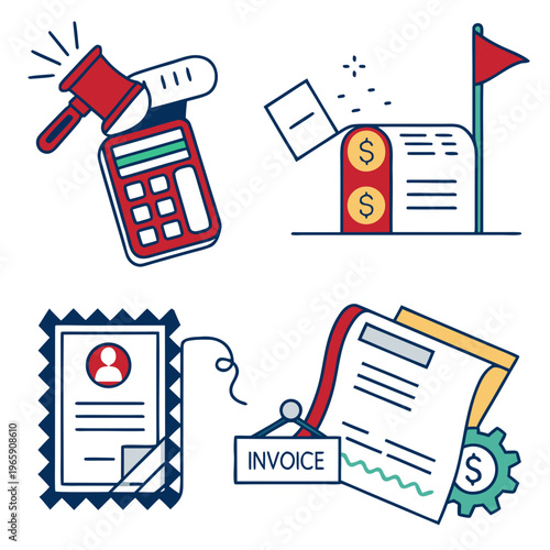 Financial concept graphics calculation invoice payment and business success with mailbox and stamp representing money and earnings