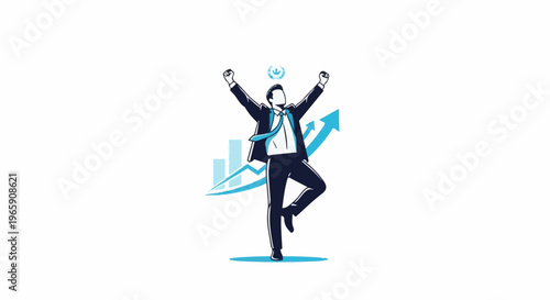 Businessman celebrating success with upward trend graph