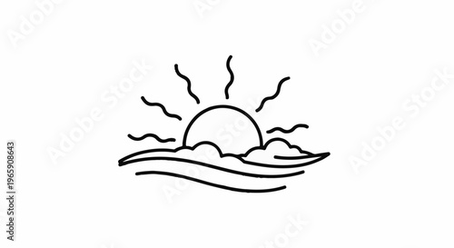 Stylized sun rising over stylized waves and clouds in black outline