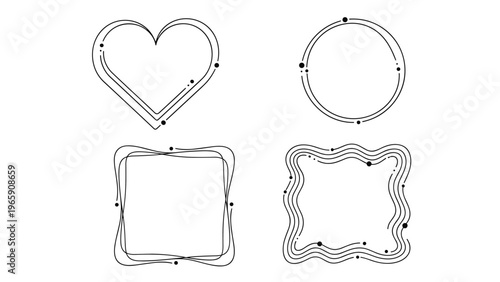 Set of minimalist hand drawn frames including heart circle and square shapes with delicate line work and dots for creative graphic design.