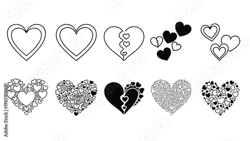 Extensive collection of black and white heart icons in various styles including outlines solid shapes and intricate patterns for love themes.