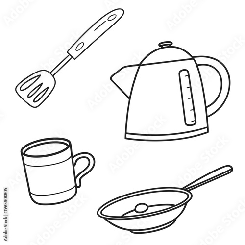 Group of kitchen implements showing spatula kettle mug and frying pan for cooking and hot beverage making vector illustration simple design