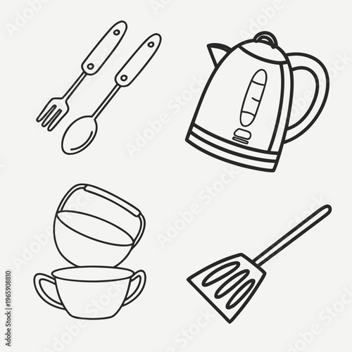 Set of kitchen appliances and utensils line art including electric kettle and cups with spoons and fork and spatula for cooking at home kitchen