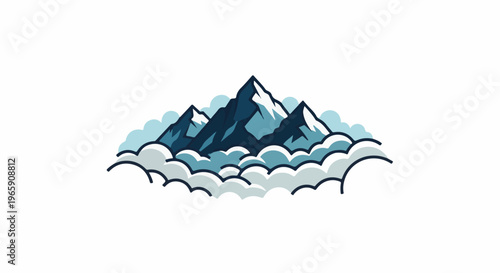 Stylized mountain peaks emerge from fluffy clouds against a white background