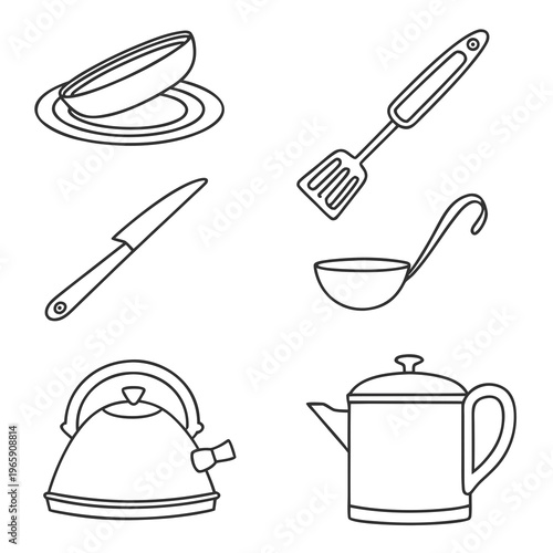 Collection of kitchen essentials comprising plates bowl spatula knife ladle kettle and teapot for food service and drink preparation outline drawings