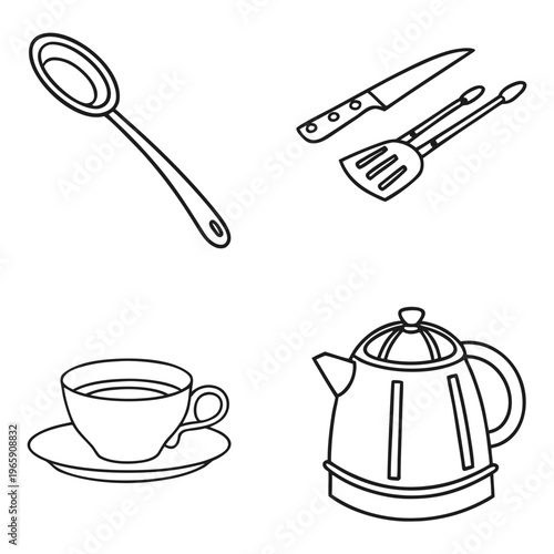 Household kitchen items set comprising decorative teapot and porcelain cup with saucer plus large ladle and cooking knife with spatula set for food