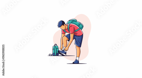 Person preparing for journey tying shoes with backpack