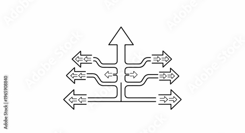 Abstract diagram showing convergence and divergence of multiple arrow pathways
