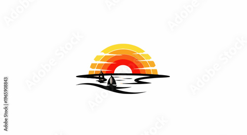 Stylized sunset over water with two sailboats