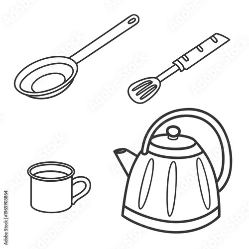 Kitchenware collection featuring traditional teapot and metal cup along with frying pan and whisk for domestic culinary tasks and food preparation