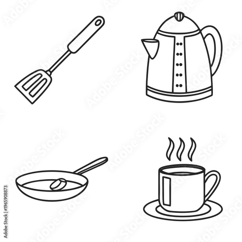 Kitchen basics icons pack containing modern kettle and mug with steam plus nonstick frying pan and slotted spatula for everyday cooking at home