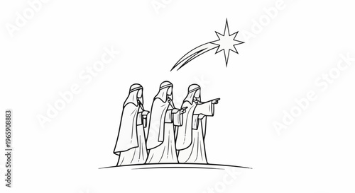 Three figures in robes follow a bright star across a barren landscape