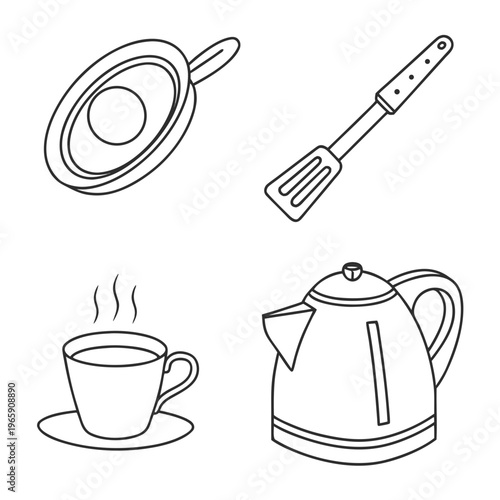 Breakfast elements with kitchen tools including frying pan with egg, spatula, hot coffee cup, and electric kettle line art set