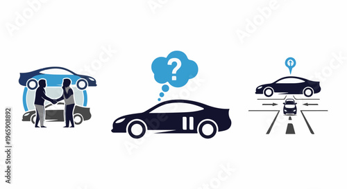 Three icons depicting car-related scenarios a deal, a question, and navigation