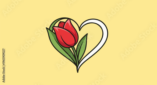 Stylized red tulip blossom inside a white heart shape on a pale yellow background