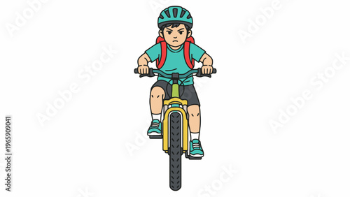 Boy riding bicycle with helmet and backpack front view vector