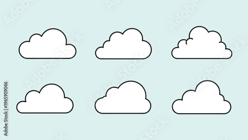 Set of simple outline cloud shapes with various puffy forms on a light blue background for weather and atmospheric design illustrations.