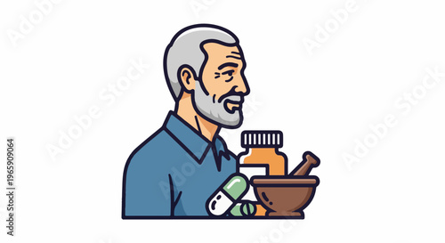 Senior man with medicine bottles, capsules, and mortar and pestle