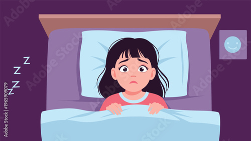 Illustration of a young girl lying in bed looking worried and awake at night with Z symbols and a smiling clock face on the wall background.