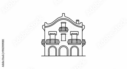 Stylized line art drawing of a whimsical, wavy-roofed building with arched entrances