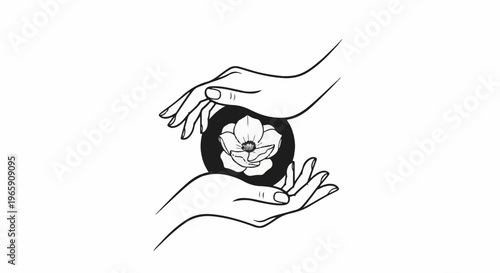 Two delicate hands cradle a beautiful flower within a dark circle