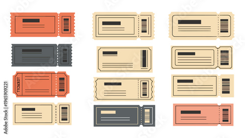 Collection of vintage and modern ticket templates in various colors and styles with barcodes and dotted lines for events and entertainment.