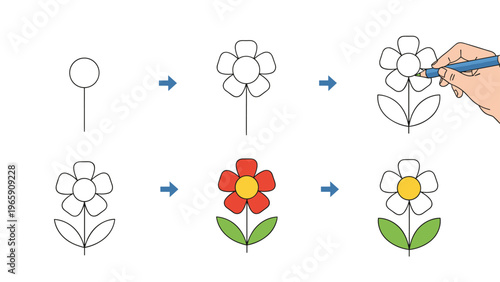 Step by step instructional guide for drawing a simple flower with leaves and coloring it in red and yellow for kids and beginners art.