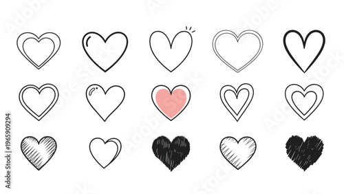 Extensive set of hand drawn heart icons in various styles from clean outlines to messy scribbles and textured fills for creative projects.