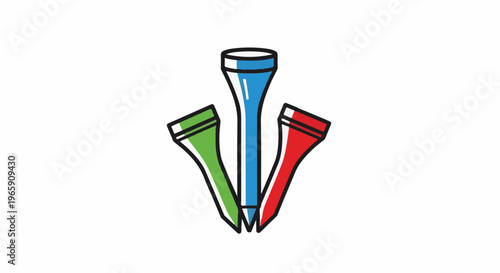 Three colorful golf tees angled downwards on a white background
