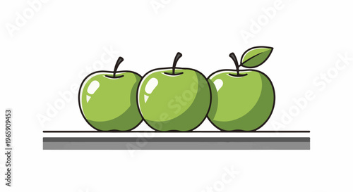 Three bright green apples lined up on a gray surface