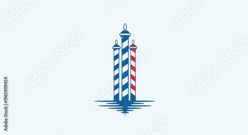 Three barber poles stand tall, reflected in water below