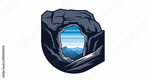 View of mountains through a dark, jagged cave opening