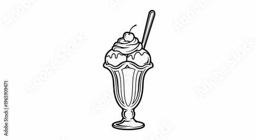 A black and white drawing of an ice cream sundae with a cherry on top