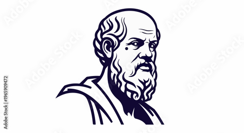 Stylized bust of a bearded man with curly hair, deep-set eyes, and a contemplative expression