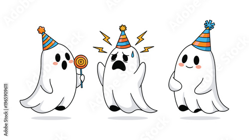 Three adorable white ghosts with colorful party hats and a lollipop celebrating a spooky but fun holiday on a clean white background.