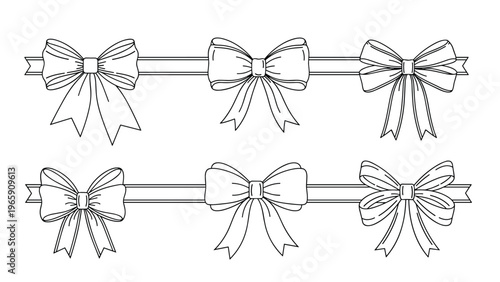Set of elegant line art ribbons with decorative bows in various styles and widths for minimalist gift wrap and invitation design.