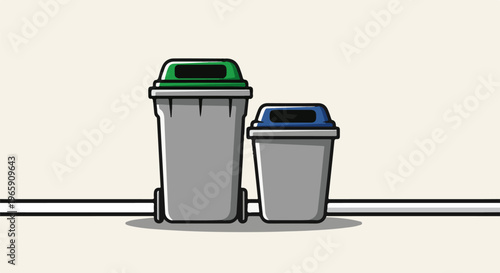 Two stylized trash bins, one tall green-lidded, one short blue-lidded