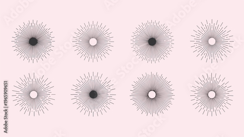 Collection of minimalist circular sunburst and starburst icons with radiating lines for celestial and retro graphic design decorations.