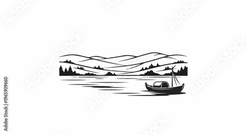 A simple, stylized depiction of a boat on water with hills and trees in the background