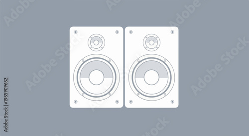 Two white minimalist speaker boxes shown from the front with gray accents
